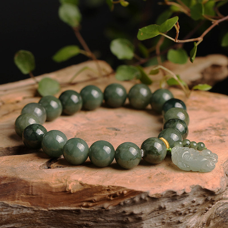 Green Jade Bracelet with Pixiu - Invite Wealth & Calming Energies