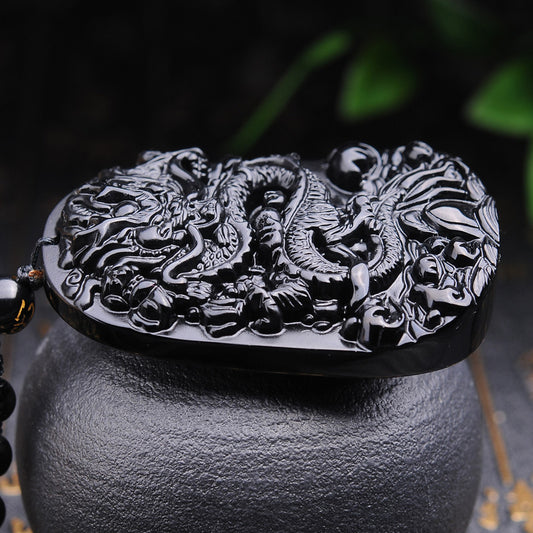 Natural Black Obsidian Dragon Necklace - Protection, Luck, Success