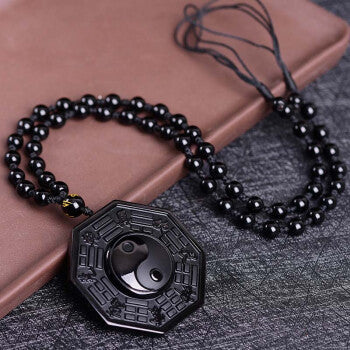 Obsidian Yin and Yang Necklace - Bagua Pendant