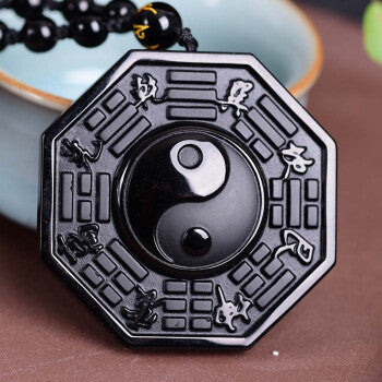 Obsidian Yin and Yang Necklace - Bagua Pendant