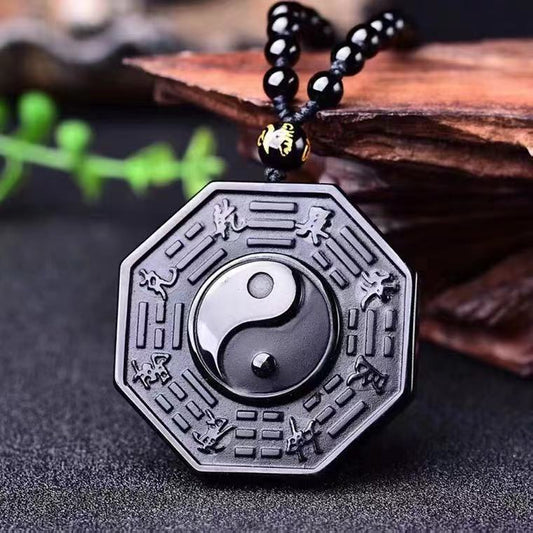 Obsidian Yin and Yang Necklace - Bagua Pendant