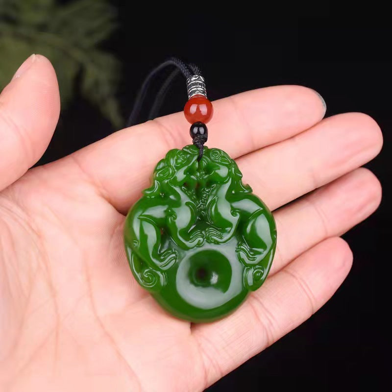 Lucky Double Pixiu Hetian Jade Necklace - Fulfill Dreams & Money Luck