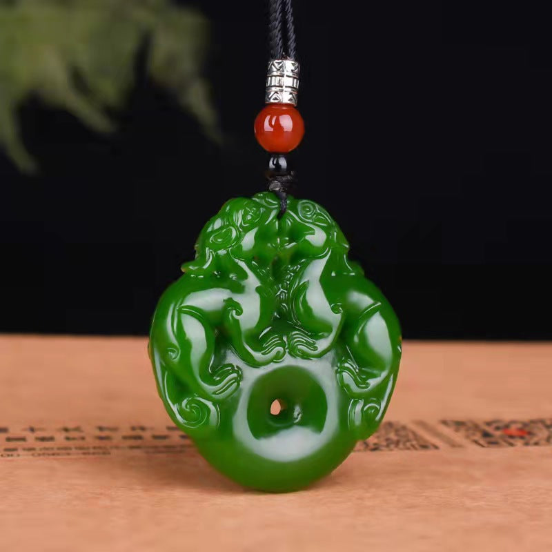 Lucky Double Pixiu Hetian Jade Necklace - Fulfill Dreams & Money Luck